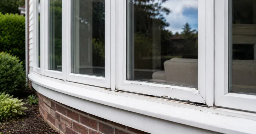 technician inspecting bow window frame and seal for damage in Barrie