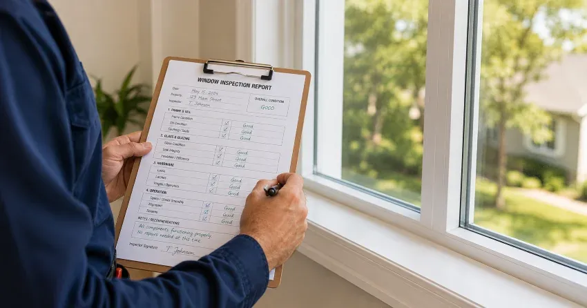 technician inspecting window seal and frame in Barrie