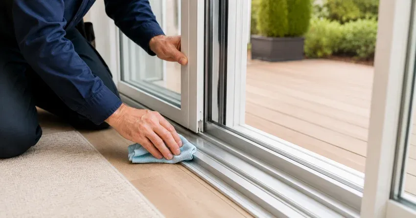 technician inspecting a sliding patio door track in Brock Park, Barrie