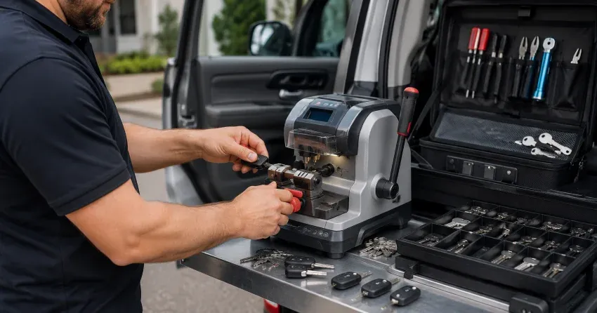 technician cutting a replacement car door lock key in Brock Park, Barrie