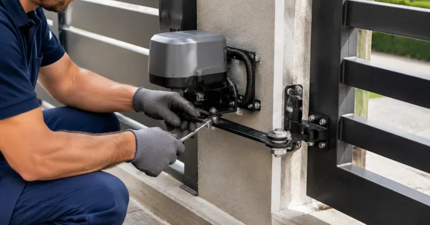 technician diagnosing automatic gate motor and control panel in Barrie