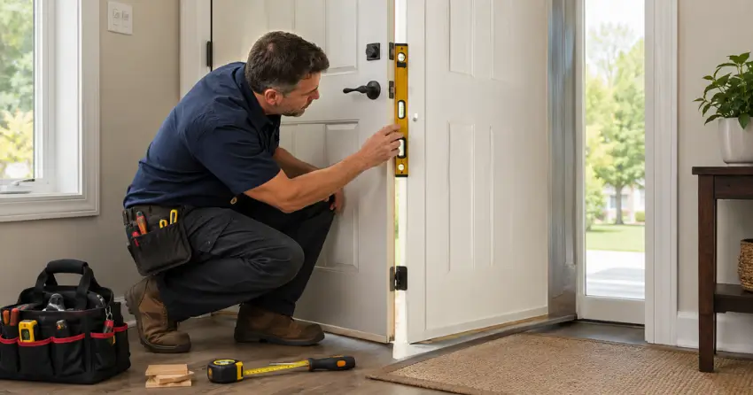 technician diagnosing a misaligned door frame in Painswick North, Barrie