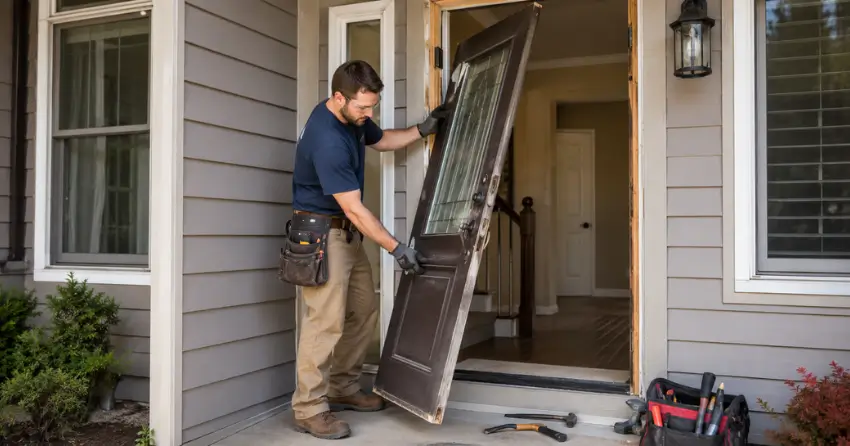 old exterior door being removed for replacement in Grove East, Barrie