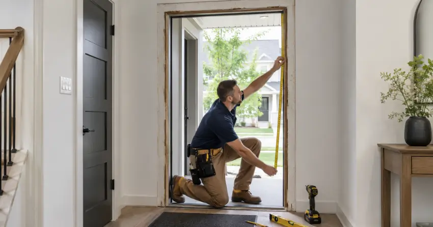 technician measuring a door frame before new door installation in Barrie