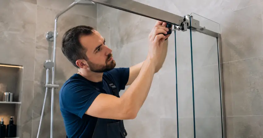 technician adjusting shower door hinge and track in Ardagh, Barrie