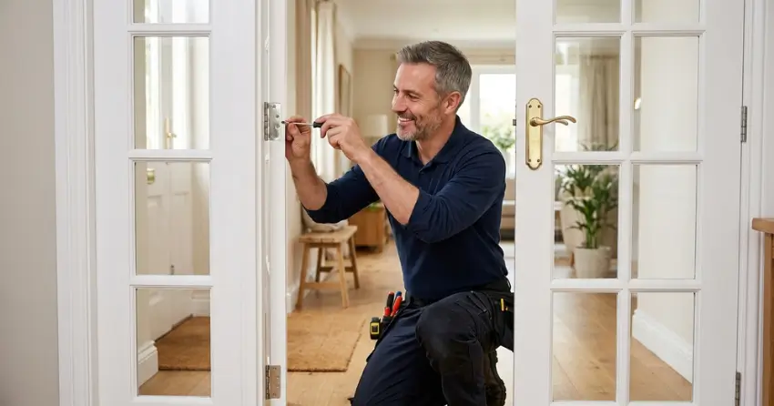 technician adjusting French door hinge for proper alignment in Holly, Barrie