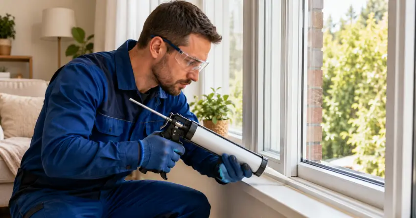 technician repairing window seal and frame in Barrie