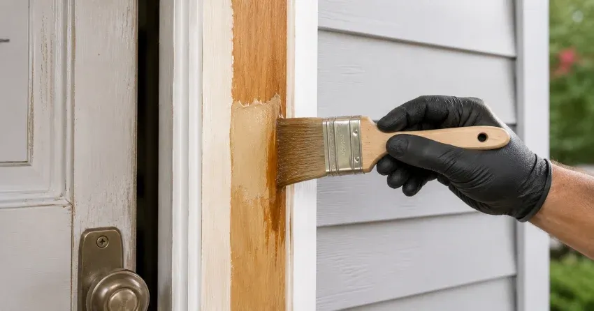 technician probing rotted wood on a door frame in Allandale Centre, Barrie