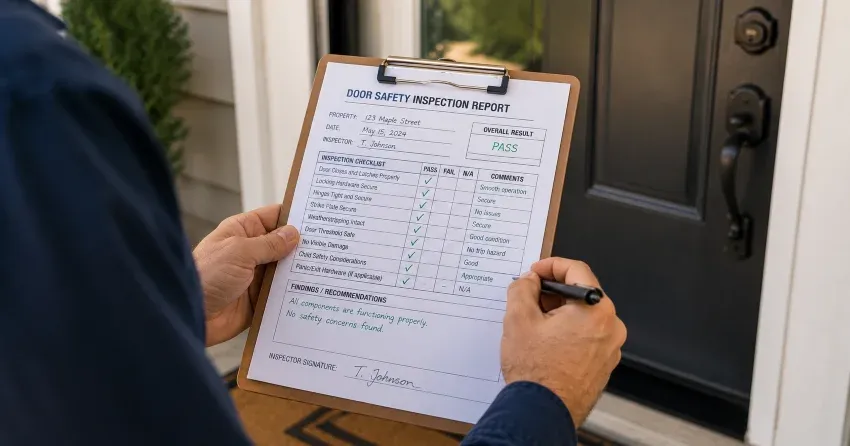 inspector checking strike plate and door frame during safety inspection in Lakeshore, Barrie