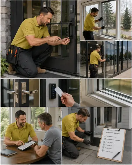 A technician checking the alignment of a replacement window during installation